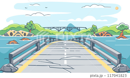 Wooden pier leading tranquil water, sun sky, broken bridge, flooding. Trees partially submerged, birds flying, peaceful riverine scene, cracked bridge disaster. Stylized colorful drawing depicting 117041823