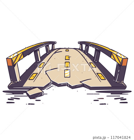 Broken bridge illustration isolated white background. Collapsed road infrastructure disaster cartoon. Damaged overpass highway vector scene 117041824