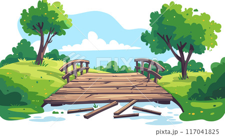 Wooden bridge damaged over tranquil stream scenic natural landscape. Broken planks missing lush greenery cartoon style design. Serene outdoor scene park environment wooden architecture disrepair Wooden bridge damaged over tranquil stream scenic natural landscape. Broken planks missing lush greenery cartoon style design. Serene outdoor scene park environment wooden architecture disrepair 117041825