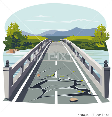 Damaged bridge illustration cracked asphalt broken guardrails. Scenic landscape river, trees, mountains background. Concept infrastructure failure natural disaster aftermath Damaged bridge illustration cracked asphalt broken guardrails. Scenic landscape river, trees, mountains background. Concept infrastructure failure natural disaster aftermath 117041838