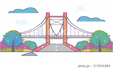 Suspension bridge graphic, colorful pastel drawing, stylized nature landscape. Animated style, bright colors, peaceful scene, transport infrastructure. Cartoon bridge illustration, serene 117041884
