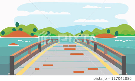 Wooden bridge across calm river leading towards green hills islands. Flat style scenic landscape, serene nature illustration, wooden footbridge over water, daytime. Vector graphic countryside blue 117041886