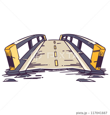 Cartoon bridge damaged after disaster, broken structure midcollapse. Handdrawn sketch unsafe crossing, beams road visible. Drawing destroyed bridge, emphasizing gaps debris 117041887