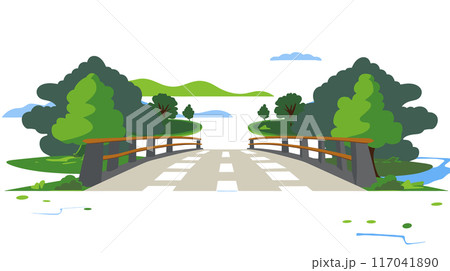 Bridge crossing river, leading forest hills background. Cartoon style scenic landscape, rural area, nature. Pedestrian bridge concept, outdoor, tranquil environment 117041890