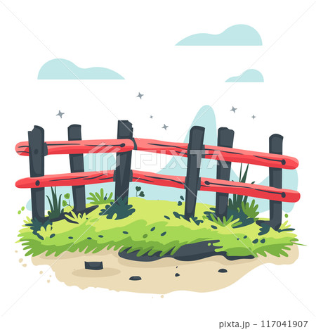 Wooden fence cartoon vector illustration isolated white background. Bright red horizontal planks, vertical black posts, grass sand details. Surfy beach scene, coastal barrier, charming rural Wooden fence cartoon vector illustration isolated white background. Bright red horizontal planks, vertical black posts, grass sand details. Surfy beach scene, coastal barrier, charming rural 117041907