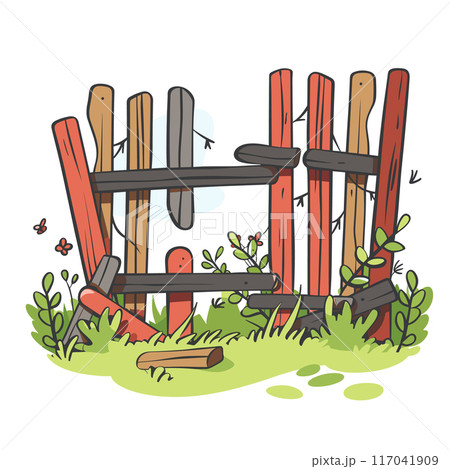Colorful cartoon wooden fence broken down surrounded greenery plants, outdoor rural scene. Vector illustration garden disassembled, dilapidated wooden barrier vegetation. Cheerful, peaceful 117041909