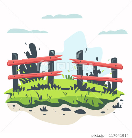 Broken wooden fence cartoon vector illustration. Damaged wood fence, grass, dirt path, peaceful sky. Cartoon style broken fence isolated white Broken wooden fence cartoon vector illustration. Damaged wood fence, grass, dirt path, peaceful sky. Cartoon style broken fence isolated white 117041914