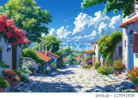 花と木がある美しいギリシャの村の通り 花と木がある美しいギリシャの村の通り 117041936