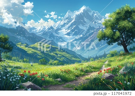 緑の草原と花のある美しい山の風景 117041972