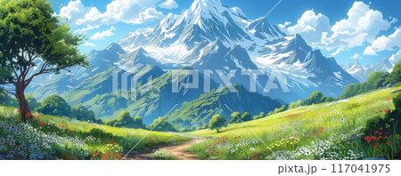 緑の草原と花のある美しい山の風景 117041975