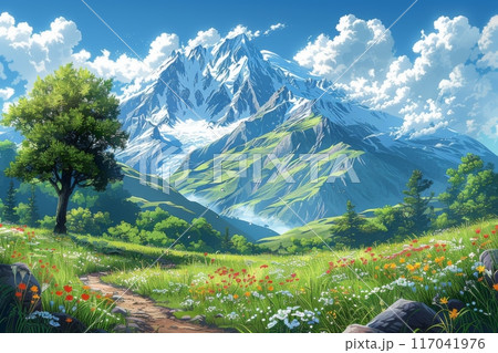 緑の草原と花のある美しい山の風景 117041976