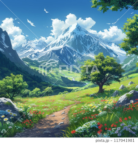 緑の草原と花のある美しい山の風景 緑の草原と花のある美しい山の風景 117041981