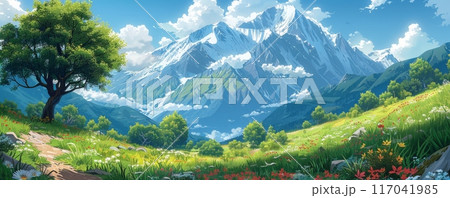 緑の草原と花のある美しい山の風景のイラスト素材 [117041985] - PIXTA