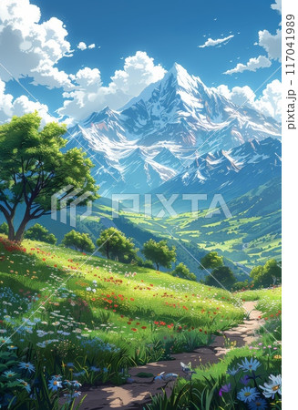 緑の草原と花のある美しい山の風景 緑の草原と花のある美しい山の風景 117041989