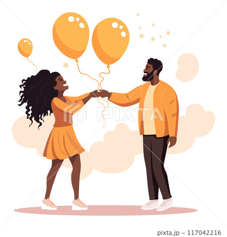 A happy girl and a man are holding balloons. Flat illustration A happy girl and a man are holding balloons. Flat illustration 117042216