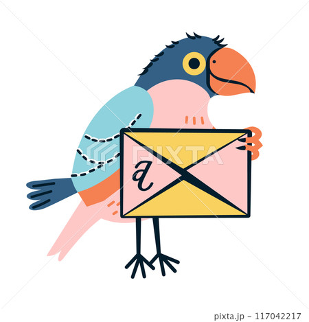 Colorful cartoon bird holding envelope, whimsical illustration. Feathered mail carrier, bird delivers letter, cute fantasy concept. Stylized avian postman, fun postal service graphic Colorful cartoon bird holding envelope, whimsical illustration. Feathered mail carrier, bird delivers letter, cute fantasy concept. Stylized avian postman, fun postal service graphic 117042217