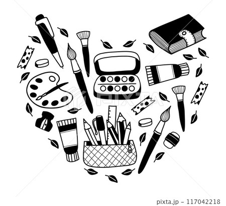 Shape heart with stationery and art supplies, hobby items in hand drawn doodle style. Paints, brushes, eraser, books, palette and pencil case. Back to school design. Vector illustration Shape heart with stationery and art supplies, hobby items in hand drawn doodle style. Paints, brushes, eraser, books, palette and pencil case. Back to school design. Vector illustration 117042218
