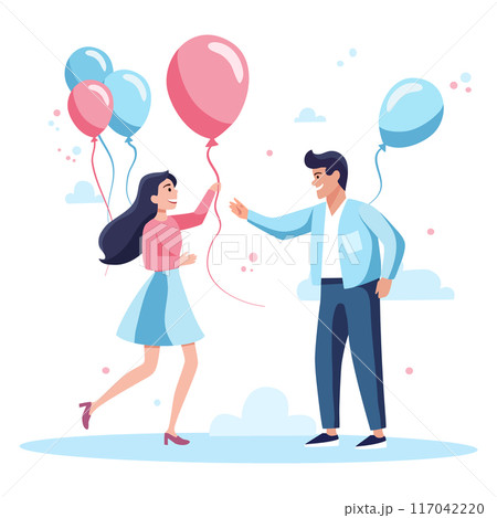 A happy girl and a man are holding balloons. Flat illustration 117042220
