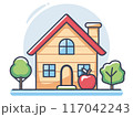 Cartoon house illustration red roof, chimney, blue windows, surrounded two trees red apple. Residential home drawing, cozy cottage concept, colorful suburban living, isolated white background 117042243