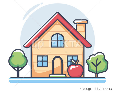 Cartoon house illustration red roof, chimney, blue windows, surrounded two trees red apple. Residential home drawing, cozy cottage concept, colorful suburban living, isolated white background 117042243