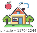 Bright cartoon house surrounded trees apple hovering. Educational illustration kids learning, simple home. Concept drawing real estate, property selection, colorful elements 117042244