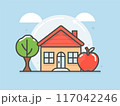 Cute brown house red roof front tree apple sunny day clear sky. Cartoon style home simple drawing bright colors cheerful. Line art illustration cozy dwelling small cottage educational material 117042246