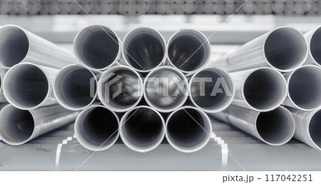 PVC pipes stack in construction sites. 117042251