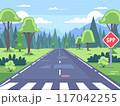 Empty road leading through countryside towards mountains, cartoon style, green trees vegetation. Road sign SPP text, clear blue sky, pedestrian crossing, sunny day outdoors. Calm nature scene 117042255