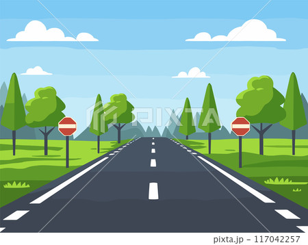 Straight road disappearing into horizon, cartoon style, clear day. Road signs next trees, grassy roadside, mountain backdrop. Symmetrical trees line vanishing point road, vibrant colors 117042257