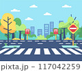 Cartoon cityscape pedestrian crossing traffic signs. Flat design city street trees, bushes, modern buildings. No traffic, sunny day, clear sky, vibrant colors 117042259