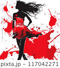 Stylish woman silhouette, dynamic red dress, black red splatter fashion. Abstract fashionable female profile, artistic ink splash background, elegance concept. Fashion illustration black hair 117042271