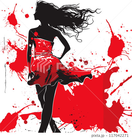 Stylish woman silhouette, dynamic red dress, black red splatter fashion. Abstract fashionable female profile, artistic ink splash background, elegance concept. Fashion illustration black hair Stylish woman silhouette, dynamic red dress, black red splatter fashion. Abstract fashionable female profile, artistic ink splash background, elegance concept. Fashion illustration black hair 117042271
