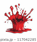 Vibrant red splash resembling blood paint splatter, creating dynamic messy effect. Cartoony style red liquid explosion, symbolizing action accident. Vivid droplets soaring central splash, isolated 117042285