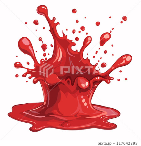 Vibrant red splash resembling blood paint, dynamic liquid splatter effect, cartoon style droplets. Red fluid bursting up, glossy splash, isolated white background, prominent splashes extending 117042295