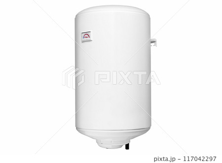 Small modern tanked combination boiler. Little regular household budget water heater. Common electric storage tank water heater. Conventional Energy-efficient home heating system on white background 117042297