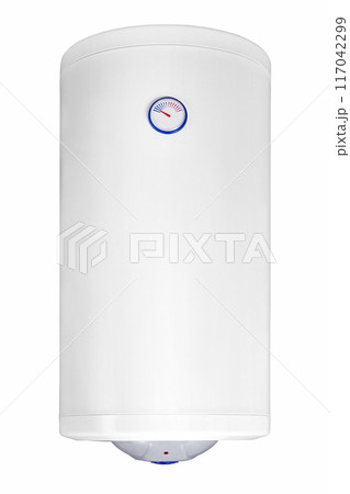 Big modern tanked combination boiler. Large regular household budget water heater. Common electric storage tank water heater. Conventional Energy-efficient home heating system on white background 117042299