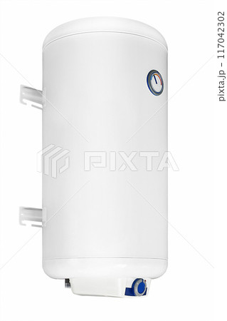 Big modern tanked combination boiler. Large regular household budget water heater. Common electric storage tank water heater. Conventional Energy-efficient home heating system on white background Big modern tanked combination boiler. Large regular household budget water heater. Common electric storage tank water heater. Conventional Energy-efficient home heating system on white background 117042302