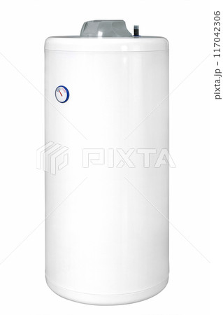 Big modern tanked combination boiler. Large regular household budget water heater. Common electric storage tank water heater. Conventional Energy-efficient home heating system on white background Big modern tanked combination boiler. Large regular household budget water heater. Common electric storage tank water heater. Conventional Energy-efficient home heating system on white background 117042306