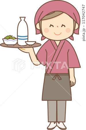 日本酒を運ぶ和食料理屋の女性全身 117042747