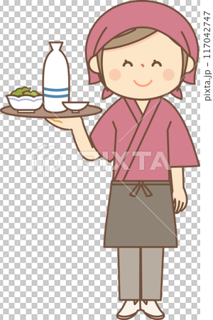 日本酒を運ぶ和食料理屋の女性全身 117042747