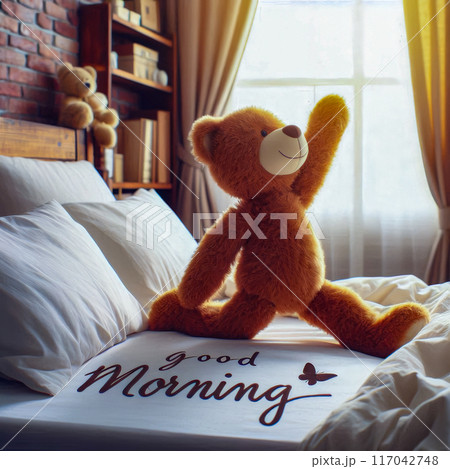 Teddy bear waving his paw and the inscription Good Morning. Illustration design for fashion graphics and prints on t-shirts. High quality illustration 117042748
