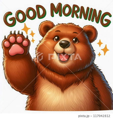 Teddy bear waving his paw and the inscription Good Morning. Illustration design for fashion graphics and prints on t-shirts. High quality illustration 117042812