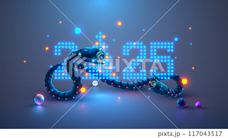 Robot snake with AI wrapped around number of new year 2025. Christmas and new year greeting card with robot snake, digits 2025 in digital computers electronics technology style. China zodiac snake. 117043517