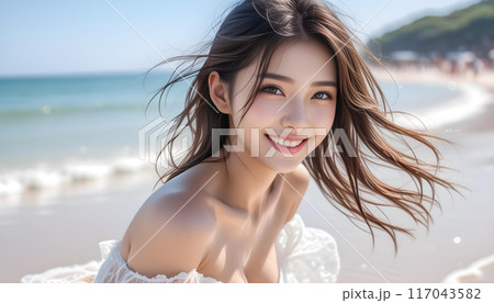 綺麗な海で白のビキニを着た笑顔のかわいい女の子のポートレート　AI生成 117043582