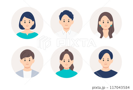 若い男女の顔アイコンセット【人物ベクターイラスト素材】 117043584