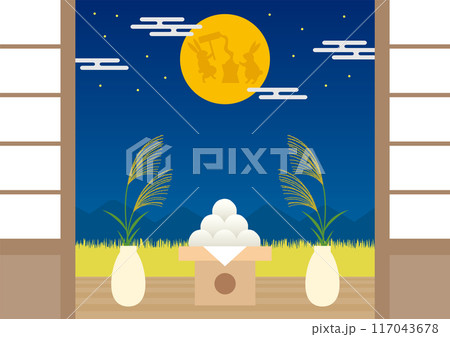 お月見をイメージした兎のいる月と月見団子と花瓶にさしたススキのイラスト_横 117043678