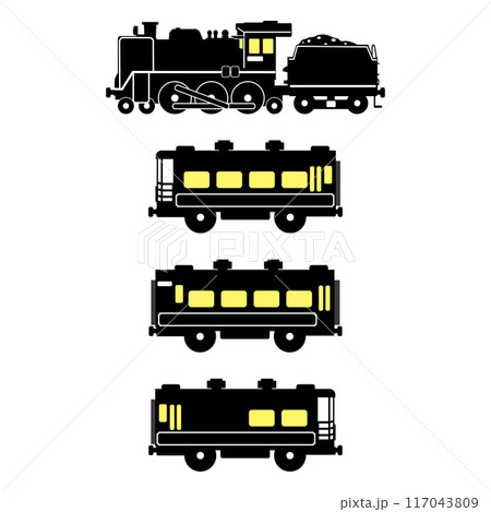 SL C57とサロンカーなにわのおもちゃ風シルエットイラスト 黄色い窓 117043809