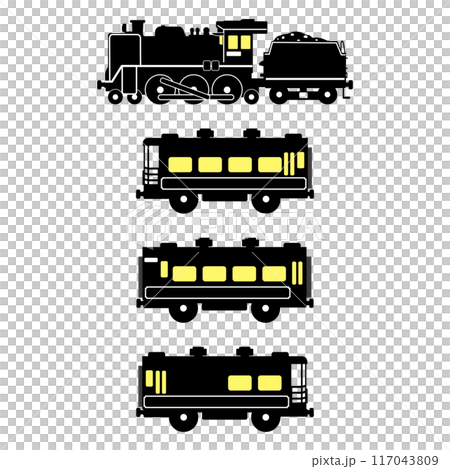 SL C57とサロンカーなにわのおもちゃ風シルエットイラスト 黄色い窓 117043809