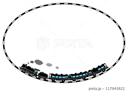 SL C57とサロンカーなにわのおもちゃ風シルエットイラスト 線路の楕円のフレーム 水色の窓 117043822