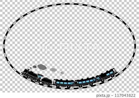 Toy-style silhouette illustration of SL C57 and Salon Car Naniwa, elliptical frame of railroad tracks, light blue window 117043822
